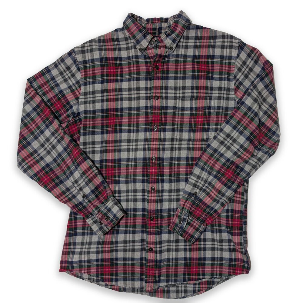 Lands' End Flannel Red Grey Plaid Shirt Button-Down Collar Men's Size M Tall